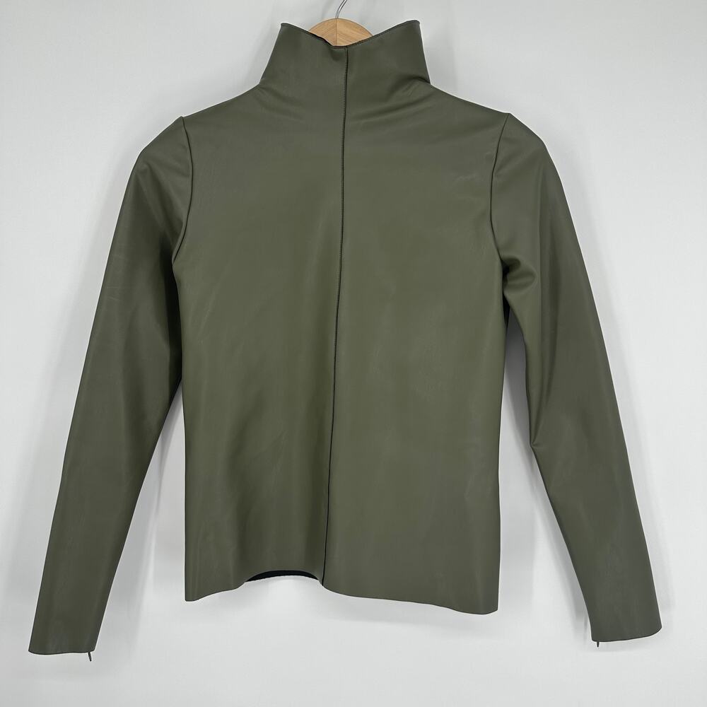 8 by YOOX Faux Leather Turtleneck Top Long Sleeve Mock Neck Blouse Shirt Green